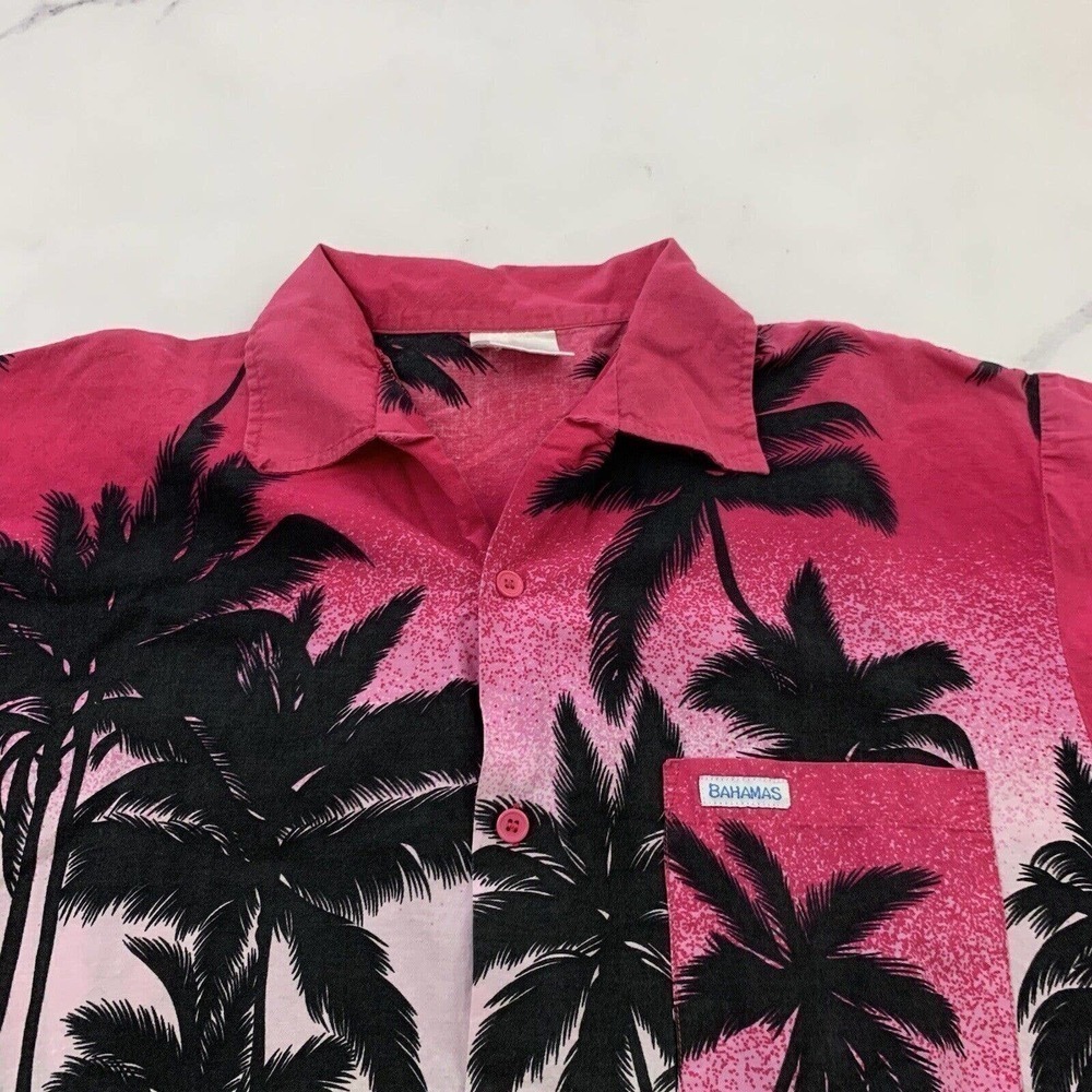 Mens Vintage Hawaiian Aloha Shirt Size M Pink Black Palms Bahamas Tropical Tiki - Picture 2 of 11